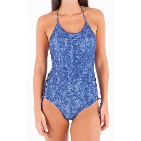 Guess E82J18-MC009 Women's Sz L Blue Denim Halter Side Lace-Up 1-Piece Swimsuit - Picture 10 of 11